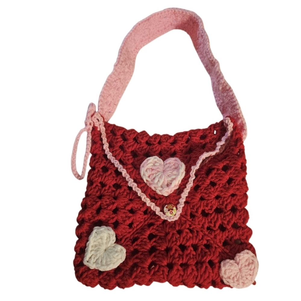 Handmade Granny Square Heart Crochet Handbag Valentine's Day Red Envelope Purse - Picture 2 of 16